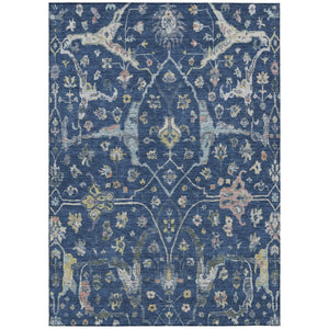 HomeRoots 5' Navy Blue Gold Floral Area Rug - Machine Washable, Durable Indoor/Outdoor Design Perfect for Homes 639636