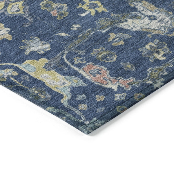 HomeRoots 5' Navy Blue Gold Floral Area Rug - Machine Washable, Durable Indoor/Outdoor Design Perfect for Homes 639636