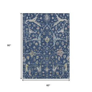 HomeRoots 5' Navy Blue Gold Floral Area Rug - Machine Washable, Durable Indoor/Outdoor Design Perfect for Homes 639636
