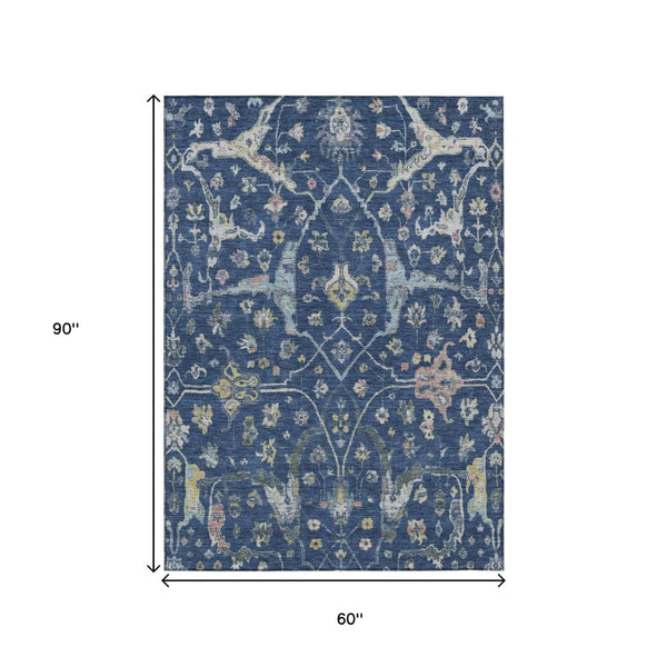 HomeRoots 5' Navy Blue Gold Floral Area Rug - Machine Washable, Durable Indoor/Outdoor Design Perfect for Homes 639636