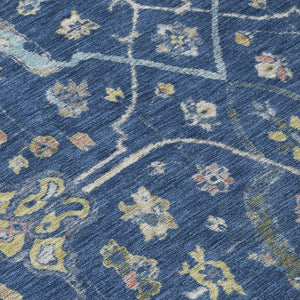 HomeRoots 5' Navy Blue Gold Floral Area Rug - Machine Washable, Durable Indoor/Outdoor Design Perfect for Homes 639636
