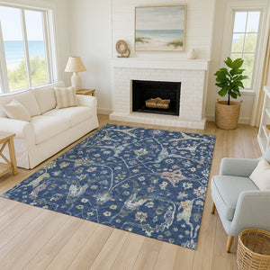 HomeRoots 5' Navy Blue Gold Floral Area Rug - Machine Washable, Durable Indoor/Outdoor Design Perfect for Homes 639636