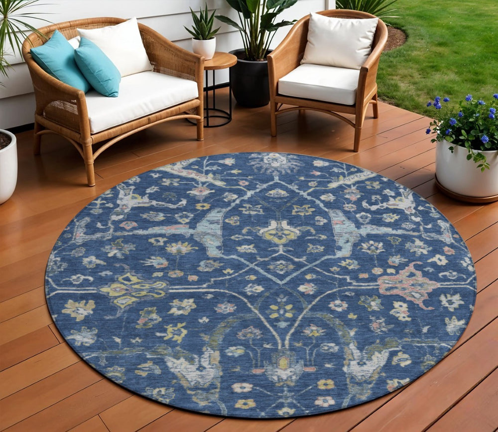HomeRoots 8' Stunning Navy Blue, Gold & Ivory Round Floral Area Rug - Indoor/Outdoor, Washable & Durable! 639637