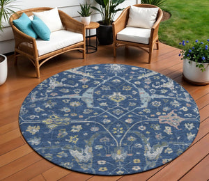 HomeRoots 8' Stunning Navy Blue, Gold & Ivory Round Floral Area Rug - Indoor/Outdoor, Washable & Durable! 639637