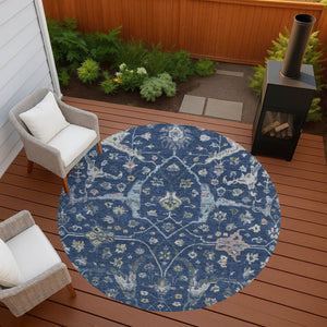 HomeRoots 8' Stunning Navy Blue, Gold & Ivory Round Floral Area Rug - Indoor/Outdoor, Washable & Durable! 639637