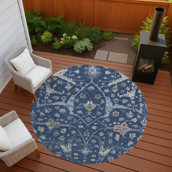 HomeRoots 8' Stunning Navy Blue, Gold & Ivory Round Floral Area Rug - Indoor/Outdoor, Washable & Durable! 639637