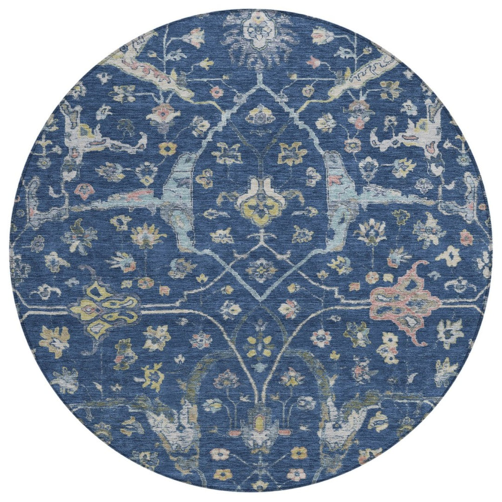 HomeRoots 8' Stunning Navy Blue, Gold & Ivory Round Floral Area Rug - Indoor/Outdoor, Washable & Durable! 639637