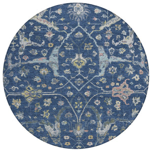 HomeRoots 8' Stunning Navy Blue, Gold & Ivory Round Floral Area Rug - Indoor/Outdoor, Washable & Durable! 639637