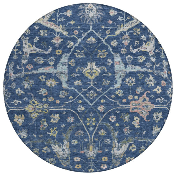 HomeRoots 8' Stunning Navy Blue, Gold & Ivory Round Floral Area Rug - Indoor/Outdoor, Washable & Durable! 639637