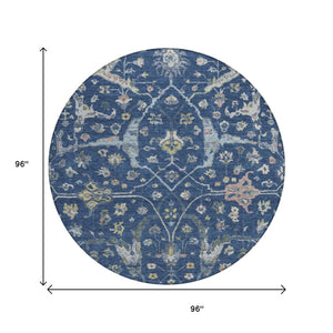 HomeRoots 8' Stunning Navy Blue, Gold & Ivory Round Floral Area Rug - Indoor/Outdoor, Washable & Durable! 639637