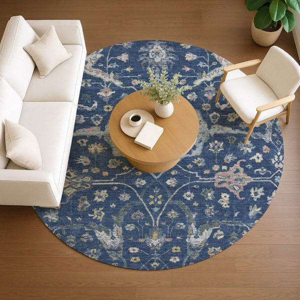 HomeRoots 8' Stunning Navy Blue, Gold & Ivory Round Floral Area Rug - Indoor/Outdoor, Washable & Durable! 639637