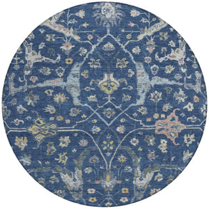 HomeRoots 8' Stunning Navy Blue, Gold & Ivory Round Floral Area Rug - Indoor/Outdoor, Washable & Durable! 639637