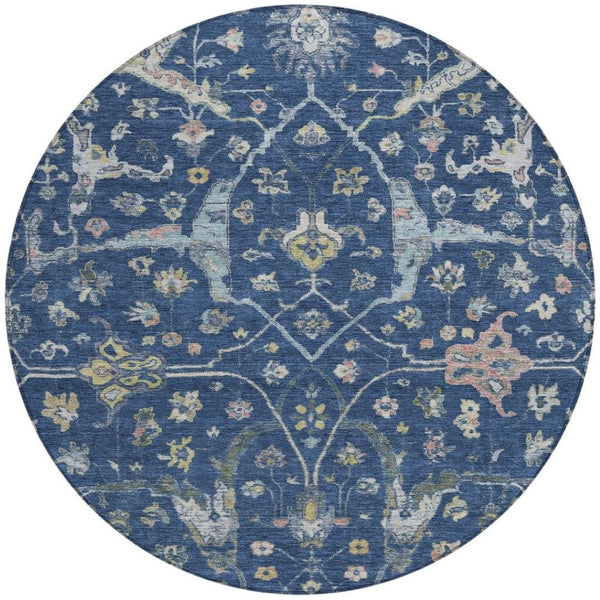 HomeRoots 8' Stunning Navy Blue, Gold & Ivory Round Floral Area Rug - Indoor/Outdoor, Washable & Durable! 639637