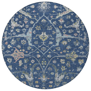 HomeRoots 8' Stunning Navy Blue, Gold & Ivory Round Floral Area Rug - Indoor/Outdoor, Washable & Durable! 639637