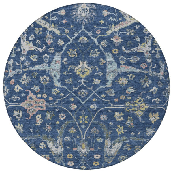 HomeRoots 8' Stunning Navy Blue, Gold & Ivory Round Floral Area Rug - Indoor/Outdoor, Washable & Durable! 639637