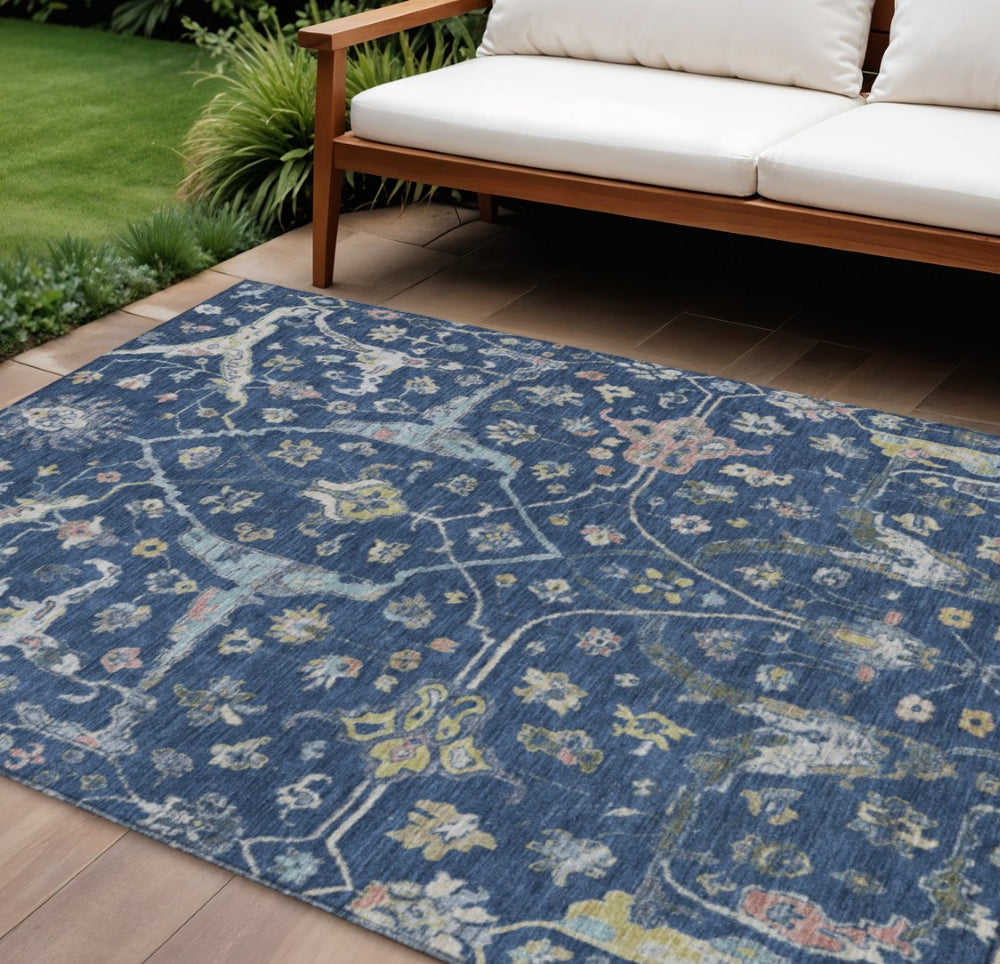 HomeRoots 9' Navy Blue, Gold & Ivory Floral Area Rug - Washable Indoor/Outdoor Design for Elegant Spaces 639639