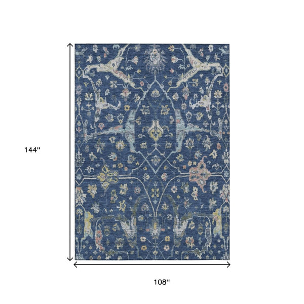 HomeRoots 9' Navy Blue, Gold & Ivory Floral Area Rug - Washable Indoor/Outdoor Design for Elegant Spaces 639639