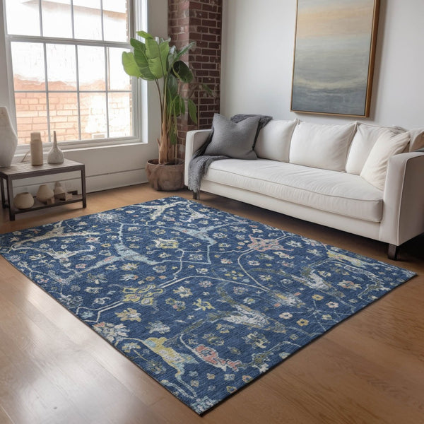 HomeRoots 9' Navy Blue, Gold & Ivory Floral Area Rug - Washable Indoor/Outdoor Design for Elegant Spaces 639639