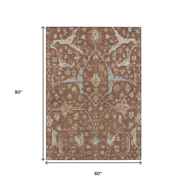 HomeRoots 5' x 8' Elegant Rust and Ivory Floral Area Rug - Durable, Washable, Indoor/Outdoor Versatility! 639642