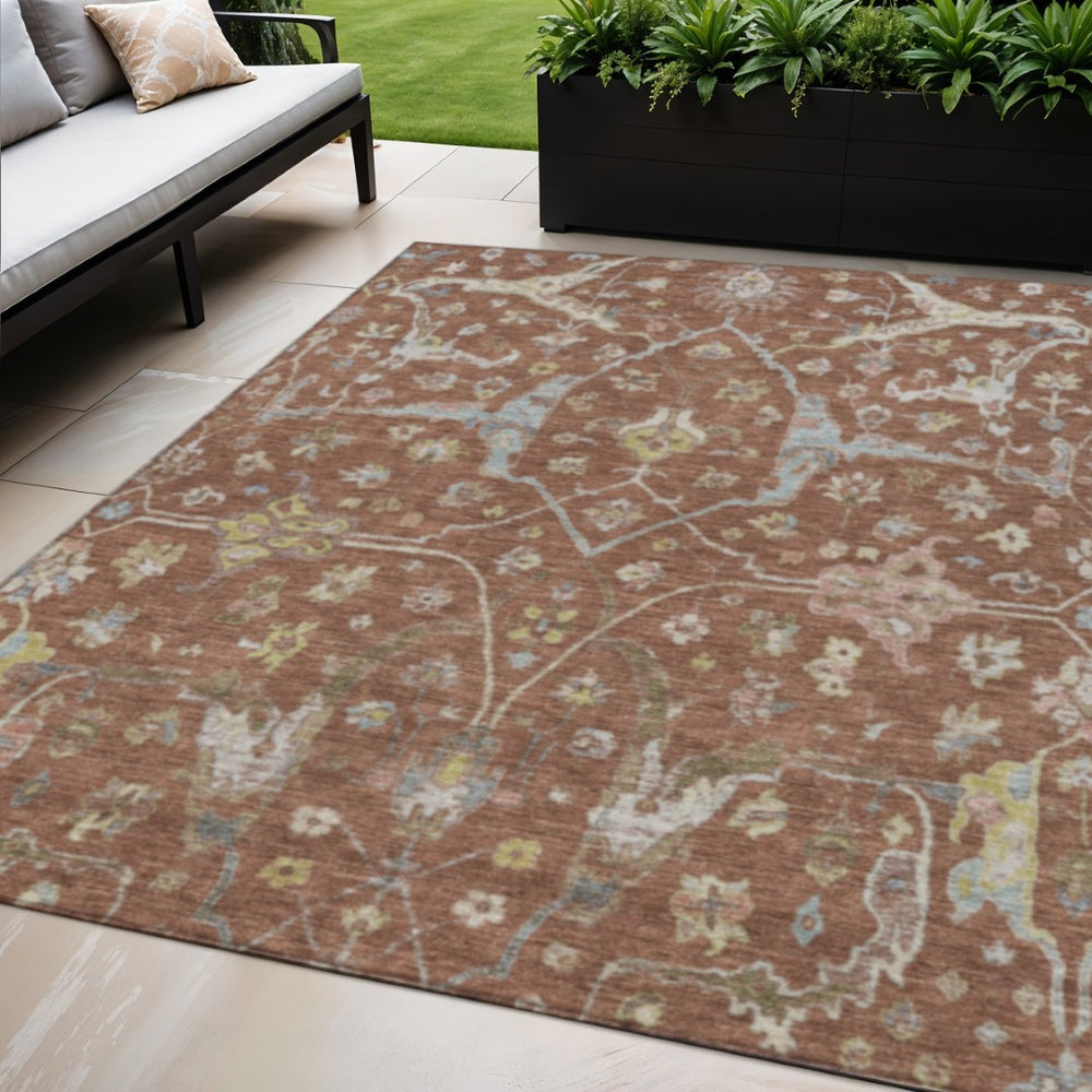 HomeRoots 5' x 8' Elegant Rust and Ivory Floral Area Rug - Durable, Washable, Indoor/Outdoor Versatility! 639642
