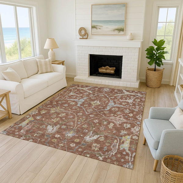 HomeRoots 5' x 8' Elegant Rust and Ivory Floral Area Rug - Durable, Washable, Indoor/Outdoor Versatility! 639642