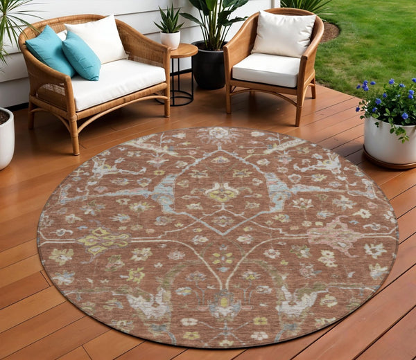 HomeRoots 8' Round Floral Area Rug in Rust and Ivory - Washable, Stain Resistant for Indoor & Outdoor Use 639643