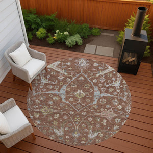 HomeRoots 8' Round Floral Area Rug in Rust and Ivory - Washable, Stain Resistant for Indoor & Outdoor Use 639643