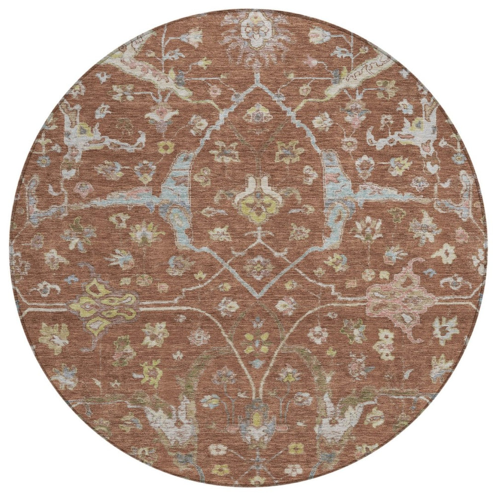 HomeRoots 8' Round Floral Area Rug in Rust and Ivory - Washable, Stain Resistant for Indoor & Outdoor Use 639643
