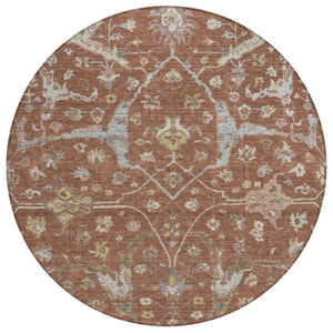 HomeRoots 8' Round Floral Area Rug in Rust and Ivory - Washable, Stain Resistant for Indoor & Outdoor Use 639643