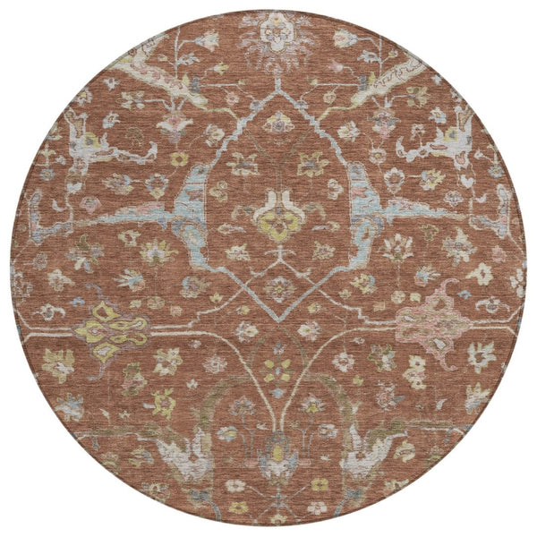 HomeRoots 8' Round Floral Area Rug in Rust and Ivory - Washable, Stain Resistant for Indoor & Outdoor Use 639643