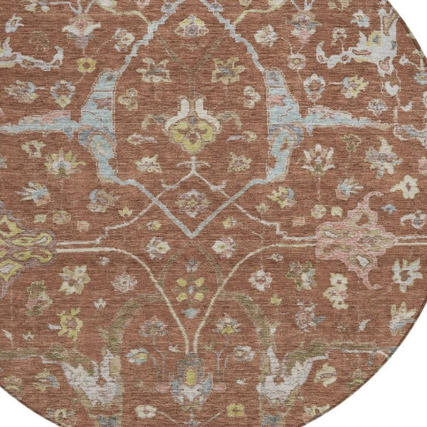 HomeRoots 8' Round Floral Area Rug in Rust and Ivory - Washable, Stain Resistant for Indoor & Outdoor Use 639643