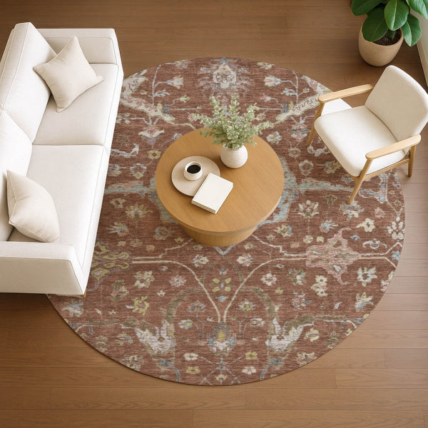 HomeRoots 8' Round Floral Area Rug in Rust and Ivory - Washable, Stain Resistant for Indoor & Outdoor Use 639643