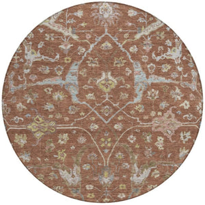 HomeRoots 8' Round Floral Area Rug in Rust and Ivory - Washable, Stain Resistant for Indoor & Outdoor Use 639643