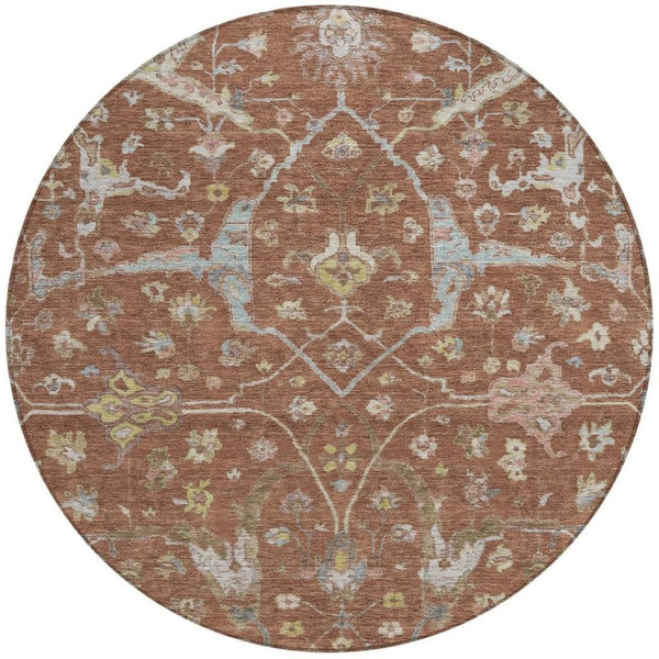 HomeRoots 8' Round Floral Area Rug in Rust and Ivory - Washable, Stain Resistant for Indoor & Outdoor Use 639643