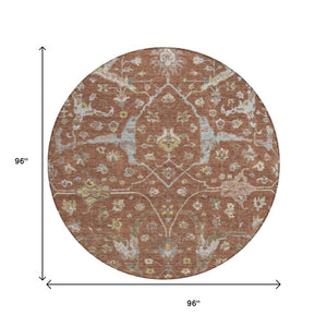 HomeRoots 8' Round Floral Area Rug in Rust and Ivory - Washable, Stain Resistant for Indoor & Outdoor Use 639643