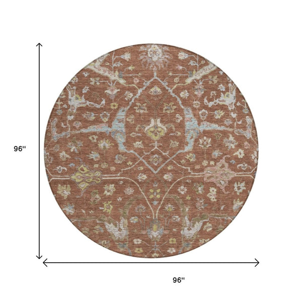 HomeRoots 8' Round Floral Area Rug in Rust and Ivory - Washable, Stain Resistant for Indoor & Outdoor Use 639643