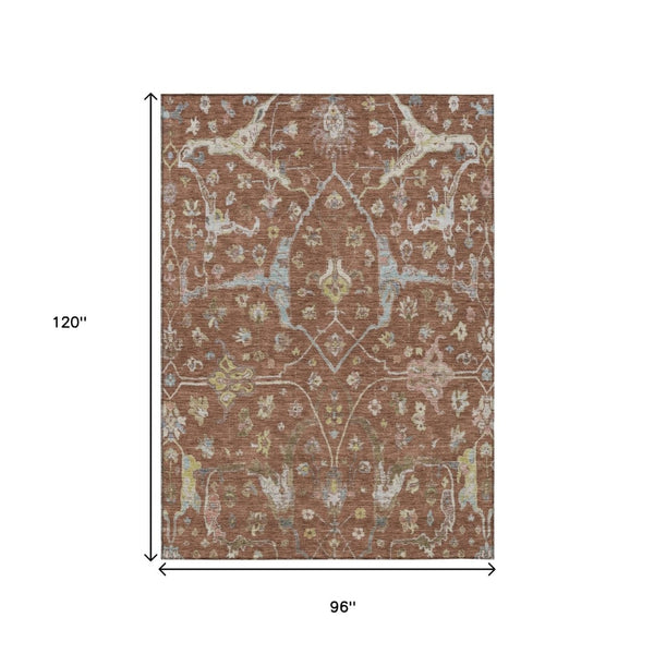 HomeRoots 8' X 10' Elegant Rust and Ivory Floral Area Rug - Durable, Washable, Indoor/Outdoor, Versatile Design 639644