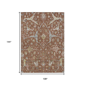 HomeRoots 9' X 12' Floral Area Rug in Rust and Ivory - Washable, Stain-Resistant for Indoor & Outdoor Use 639645