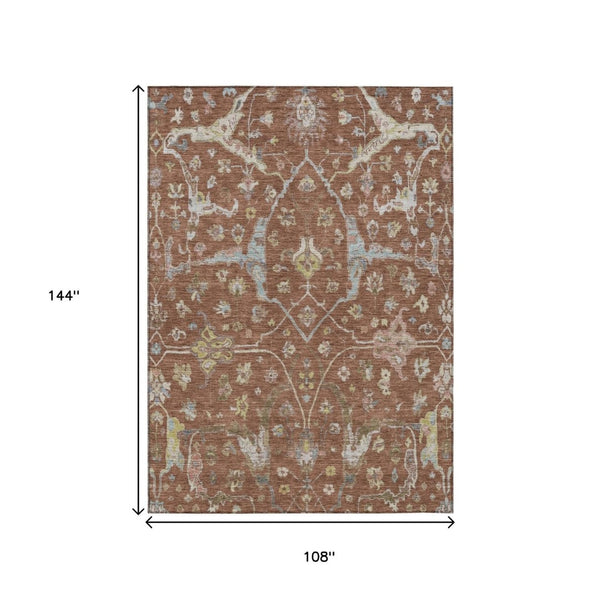HomeRoots 9' X 12' Floral Area Rug in Rust and Ivory - Washable, Stain-Resistant for Indoor & Outdoor Use 639645