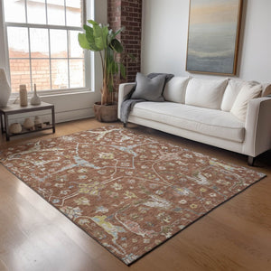HomeRoots 9' X 12' Floral Area Rug in Rust and Ivory - Washable, Stain-Resistant for Indoor & Outdoor Use 639645
