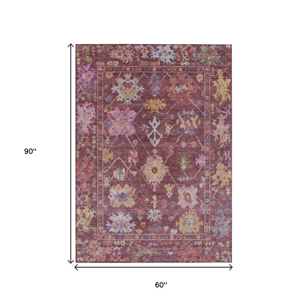 HomeRoots 5' X 8' Elegant Burgundy, Pink & Blue Floral Washable Area Rug for Indoor & Outdoor Spaces 639648