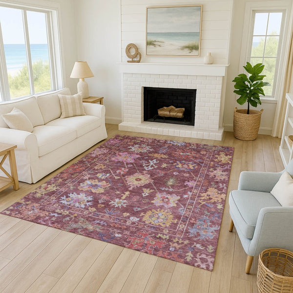 HomeRoots 5' X 8' Elegant Burgundy, Pink & Blue Floral Washable Area Rug for Indoor & Outdoor Spaces 639648