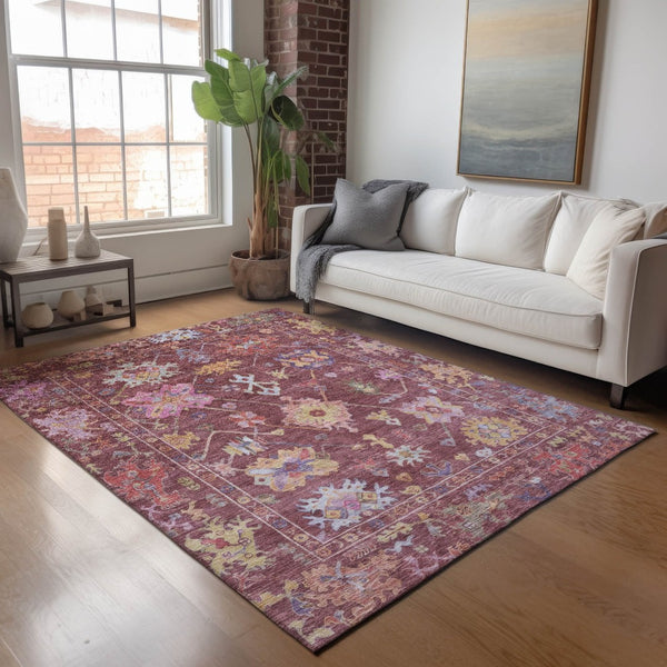 HomeRoots 5' X 8' Elegant Burgundy, Pink & Blue Floral Washable Area Rug for Indoor & Outdoor Spaces 639648