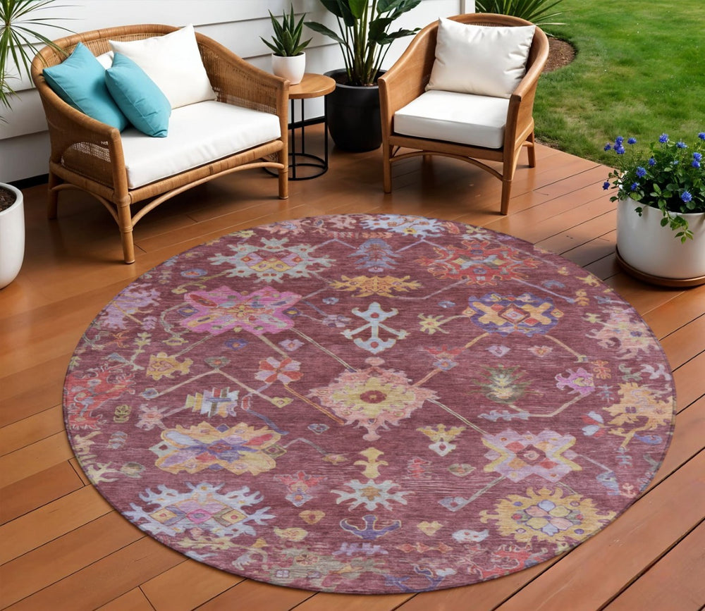 HomeRoots 8' Burgundy Pink and Blue Round Floral Area Rug - Durable, Washable, Perfect for Indoor/Outdoor Use! 639649