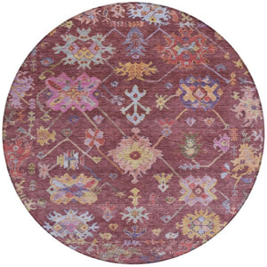HomeRoots 8' Burgundy Pink and Blue Round Floral Area Rug - Durable, Washable, Perfect for Indoor/Outdoor Use! 639649