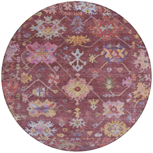 HomeRoots 8' Burgundy Pink and Blue Round Floral Area Rug - Durable, Washable, Perfect for Indoor/Outdoor Use! 639649