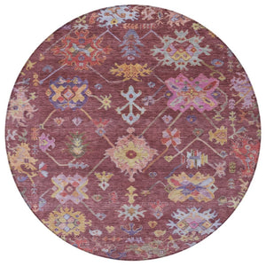 HomeRoots 8' Burgundy Pink and Blue Round Floral Area Rug - Durable, Washable, Perfect for Indoor/Outdoor Use! 639649
