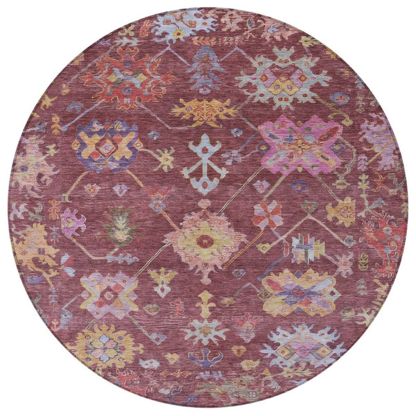 HomeRoots 8' Burgundy Pink and Blue Round Floral Area Rug - Durable, Washable, Perfect for Indoor/Outdoor Use! 639649