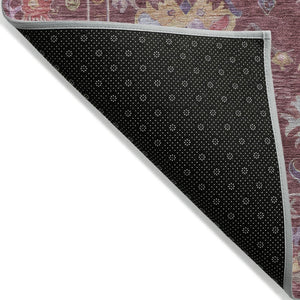 HomeRoots 8' Burgundy Pink and Blue Round Floral Area Rug - Durable, Washable, Perfect for Indoor/Outdoor Use! 639649