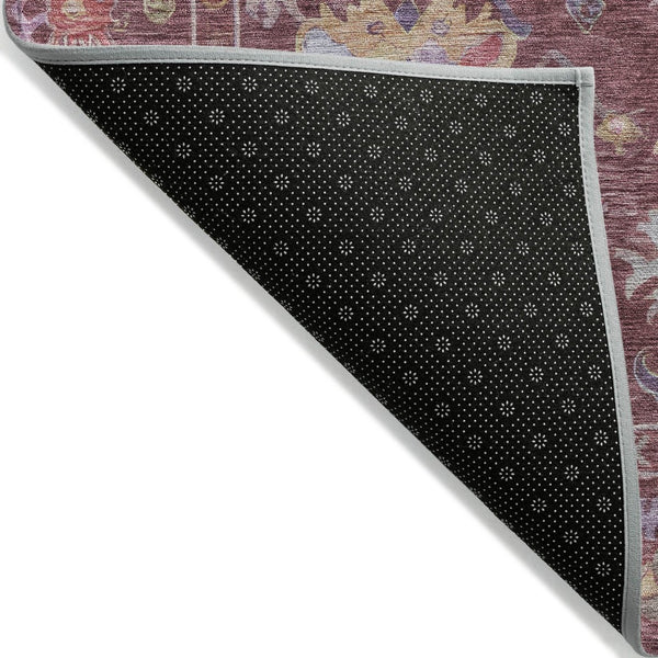 HomeRoots 8' Burgundy Pink and Blue Round Floral Area Rug - Durable, Washable, Perfect for Indoor/Outdoor Use! 639649